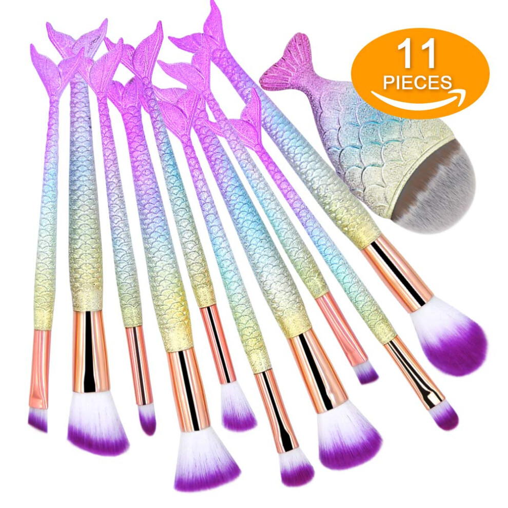 Mermaid Makeup Brush Set for Foundation Blending, Eye, Face and Lip with AllinOne Kit