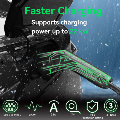 ELECWISH 7m Type 2 EV Charging Cable 22kW 32A 3 Phase UK 1
