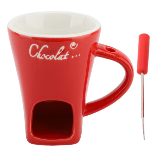 Keramik-Schokoladen-Schmelzmug mit Gabel, Rot, 360g 2