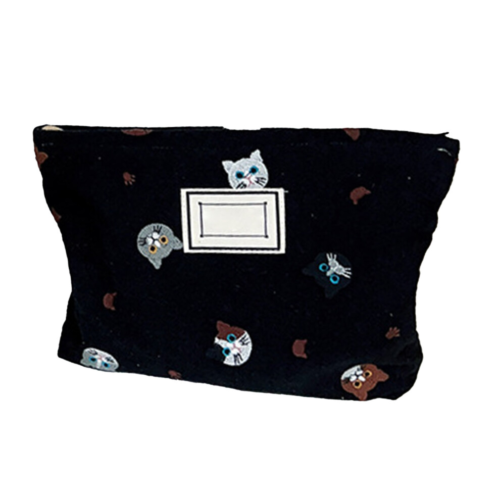 Cat Embroidery Canvas Makeup Bag Portable Black