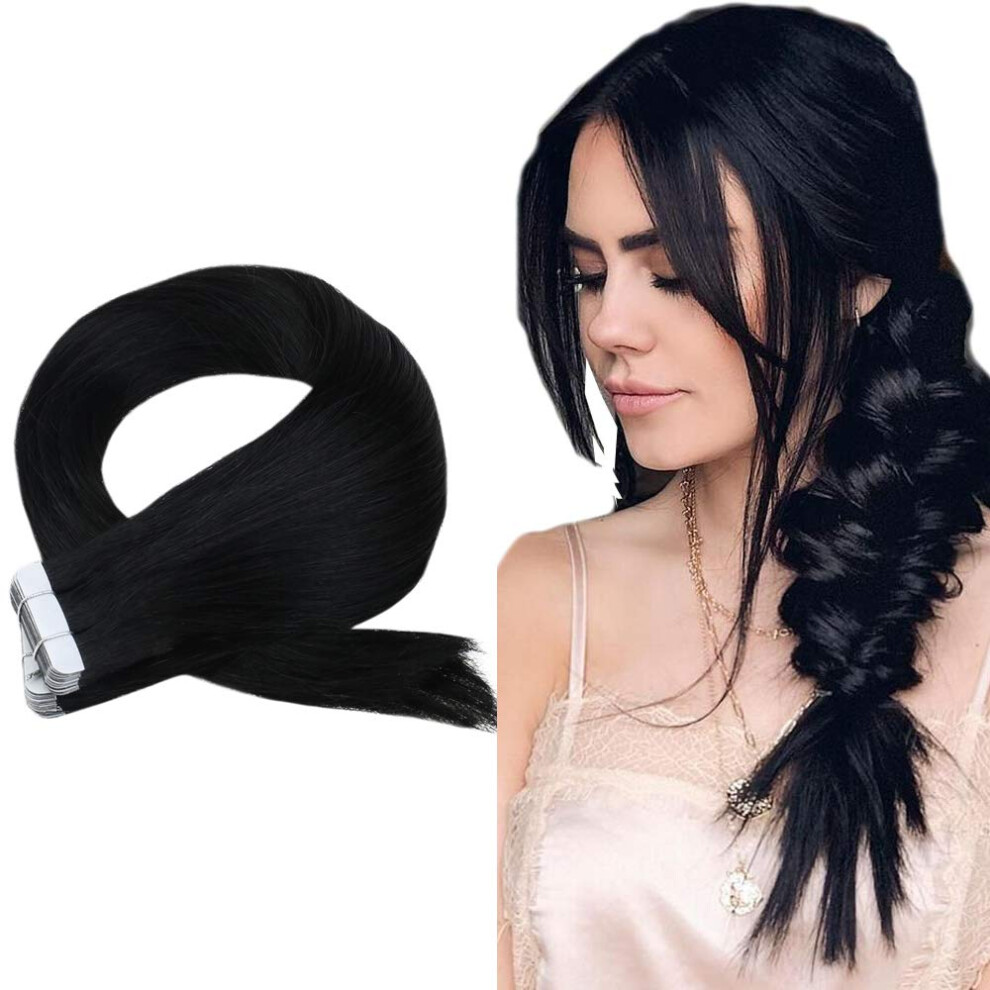 Unisex Black 24 Inch Jet Tape In Remy Human Hair Extensions, Seamless Natural Finish, 20Pcs 50G