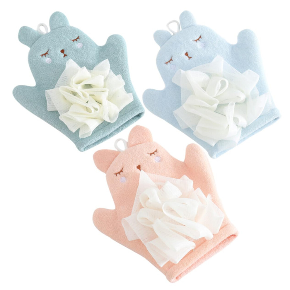 Green Exfoliating Bath Gloves Set With Dualsided Shower Scrub Mitts, Cute Rabbit Design,