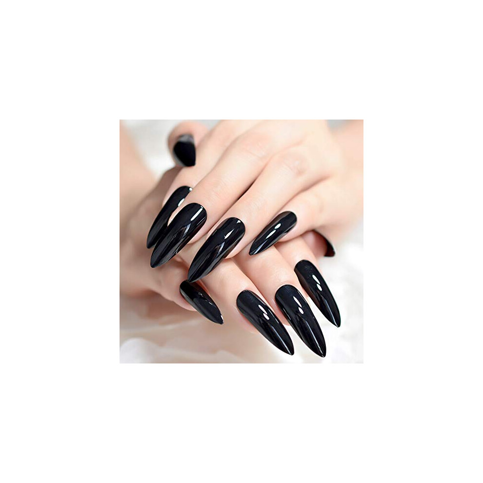 Extra Long Black Stiletto Fake Nails Tips Set, Reusable ABS, Salon Quality DIY Nail Art
