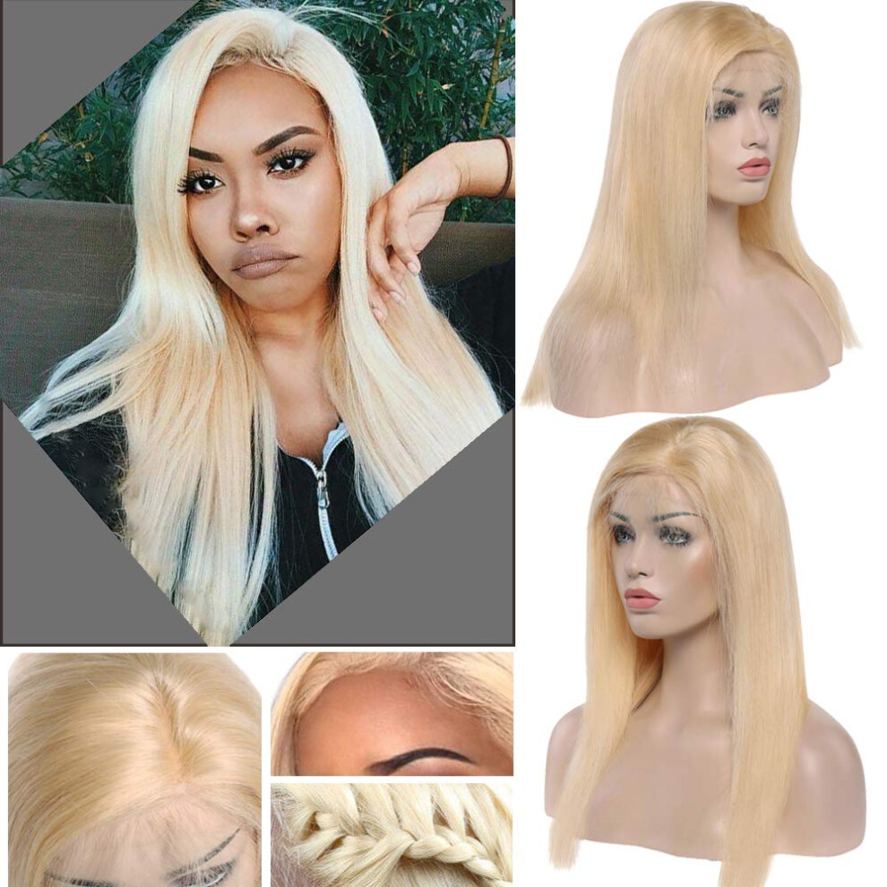 Unisex 613 Blonde Lace Front Wig Human Hair Preplucked Hairline Bleached Knots Glueless 14 Inch Straight