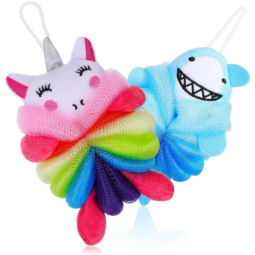 2pcs Cartoon Shark Bath Sponges for Kids, Soft Exfoliating Shower Loofahs with QuickDry Lanyard