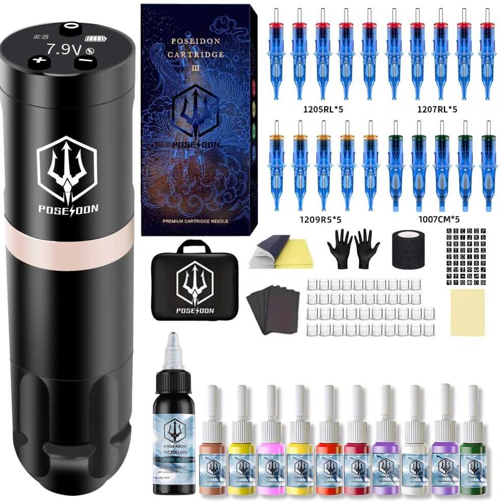Wireless Tattoo Pen Kit with 1500mAh Battery, 20 Cartridges, Coreless Motor and OLED Display