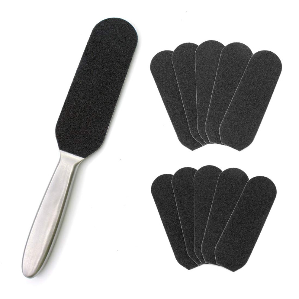 Foot Callus Remover Pedicure Foot File with Dual Grit Pads and Stainless Steel Handle, 10 Refills