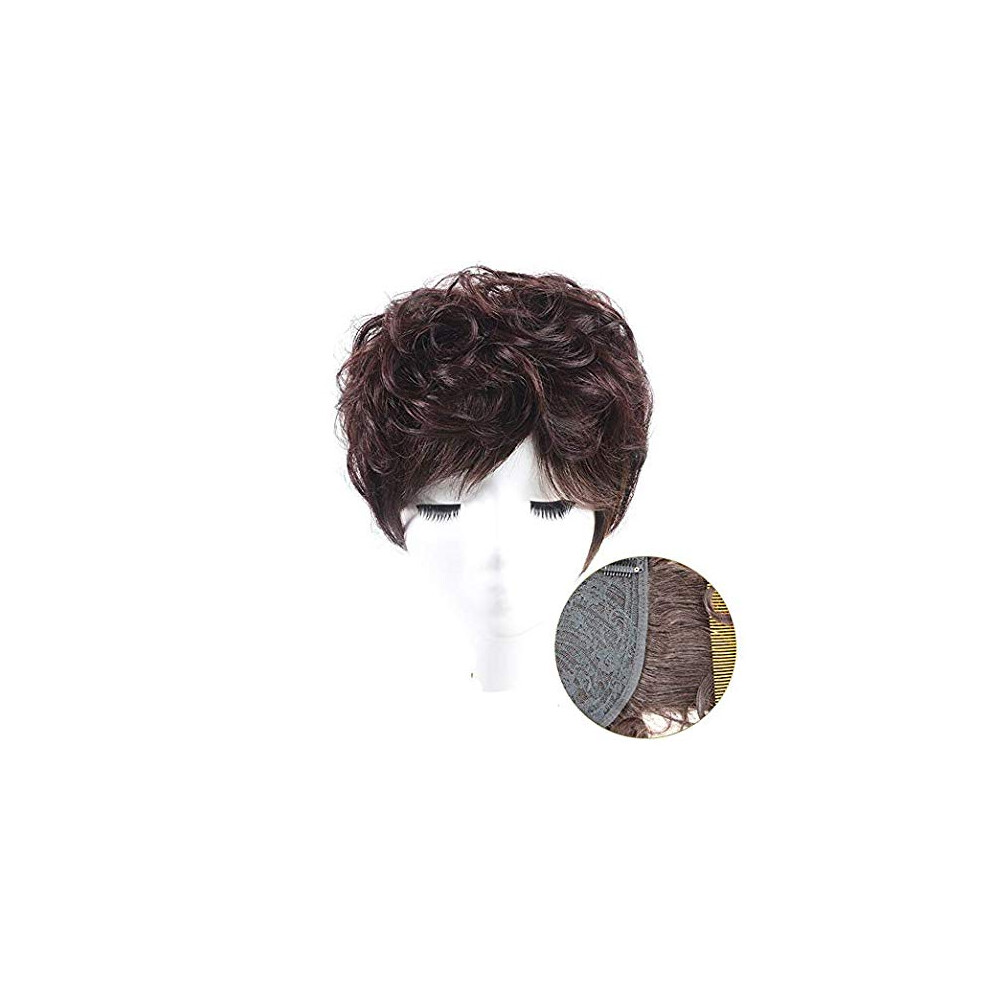 Unisex Black Off Short Curly Human Hair Topper With Clips 5X5.5 Inch Wiglet For Women Thinning Crown