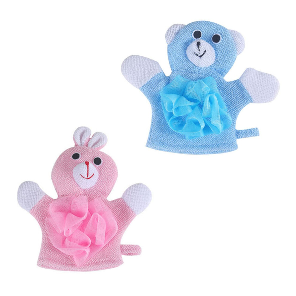2pcs Soft Cartoon Bath Scrubber Towels for Kids Gentle Exfoliating Cute Rabbit and Bear Design