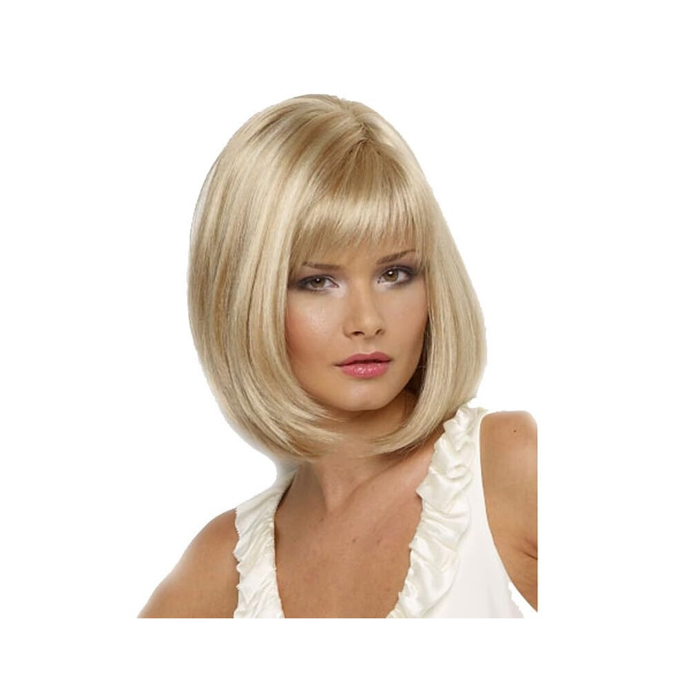 Unisex Synthetic Short Blonde Bob Wig With Bangs, Heat Resistant Fibers, Natural Look For Women With Cap