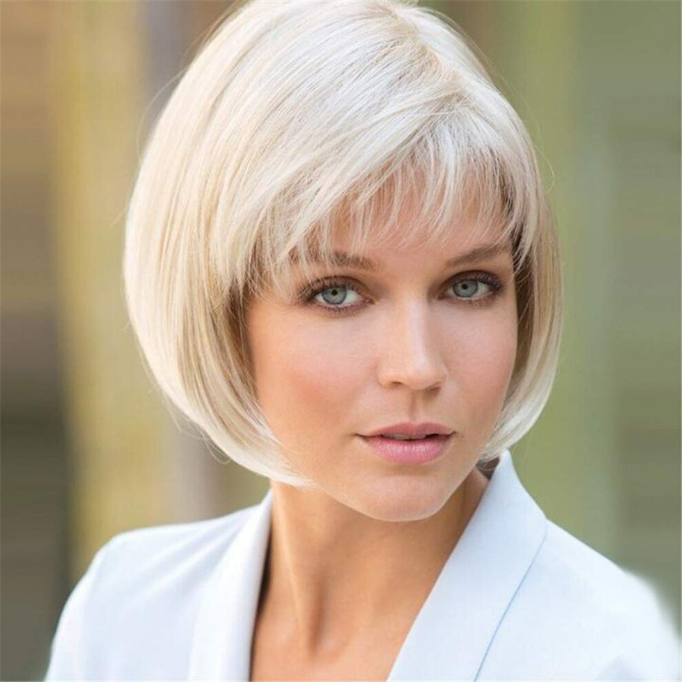 Short Blonde Bob Wig With Bangs Heat Resistant Synthetic Hair Natural Scalp Look 12 Inch Beige