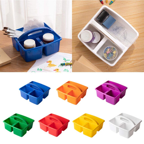 Plastic Storage Caddy with Handle, 3 Compartment Blue Organizer Bin for Arts and Crafts, Home Office Use 1