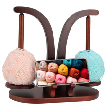 Magnetic Rotating Wooden Yarn Holder Spinner with Dual Spindles, Phone Stand and Storage