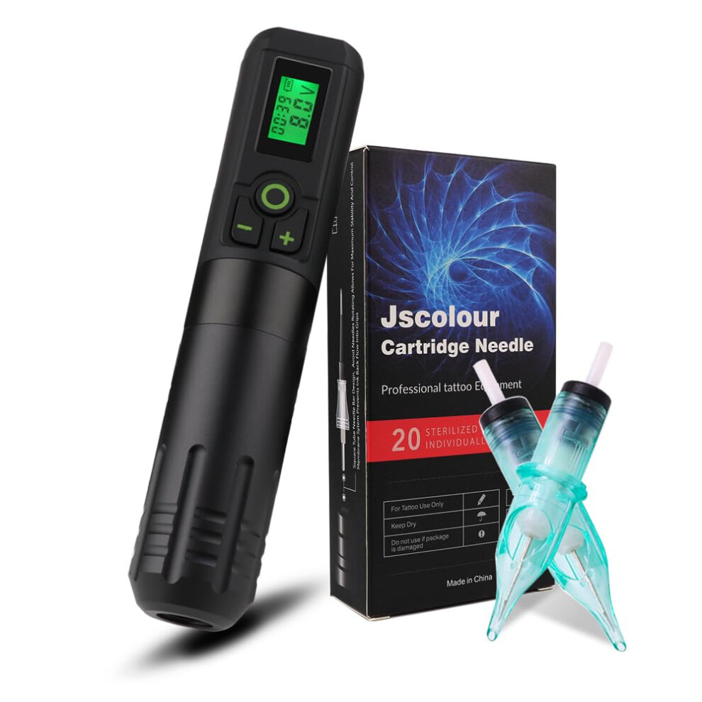 Wireless Tattoo Machine Pen with LCD Display, 2000mAh Rechargeable Cordless Rotary Pen, 20pcs Needle Cartridges, Smooth Coreless Motor