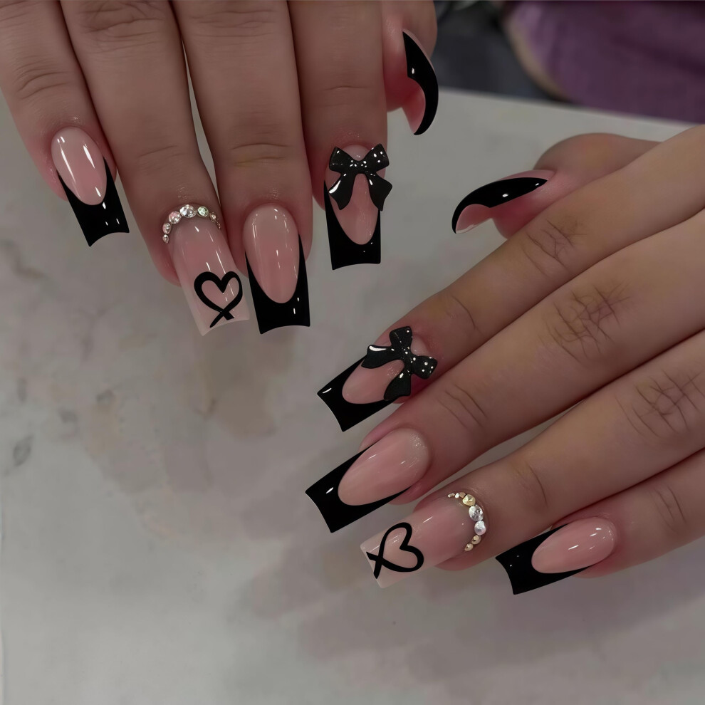 Black French Tip Press On Nails Medium Coffin Fake Nails with 3D Bow Charms and Rhinestones 24pcs