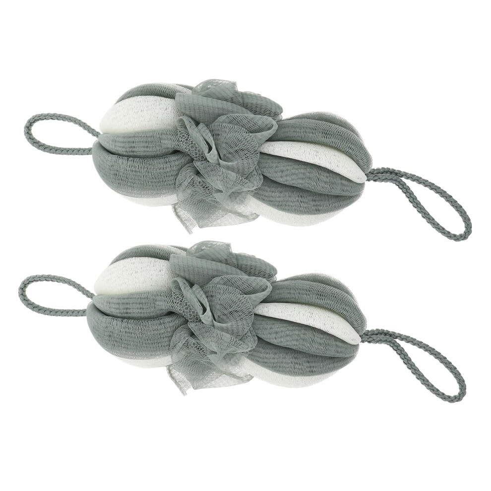 Green/White Bath Loofah And Shower Pouf Set, Nylon Mesh With Double Rope, Gentle Exfoliation, 2Pcs