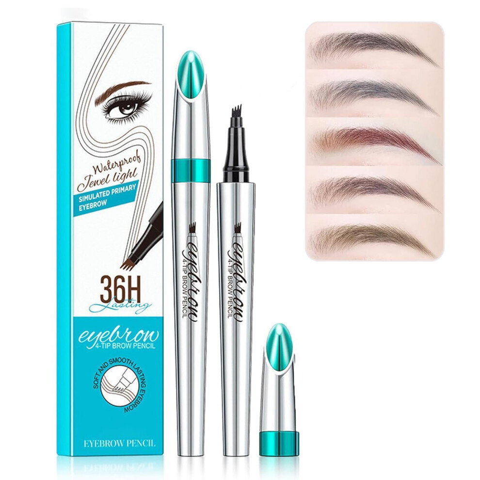 Brown Waterproof Eyebrow Pencil 4 Fork Tip Microblading Brow Pen Long Lasting Smudge Proof Reddish 2Pc