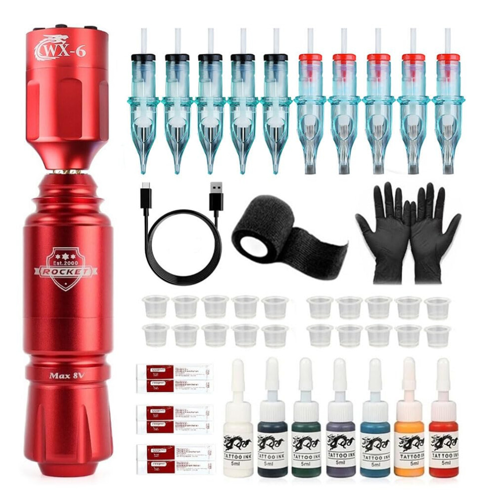 Red Wireless Rotary Tattoo Pen Kit With Rca Interface, Fast Charging, Adjustable Voltage,