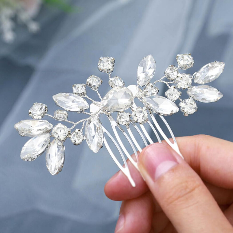 Unisex Silver Crystal Wedding Hair Comb With Rhinestone Leaf Design For Brides And Bridesmaids