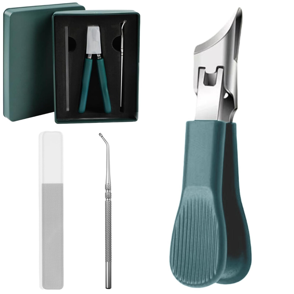 Green 3 Piece Splashproof Long Handle Toenail And Nail Clippers With Precision Angled Blade