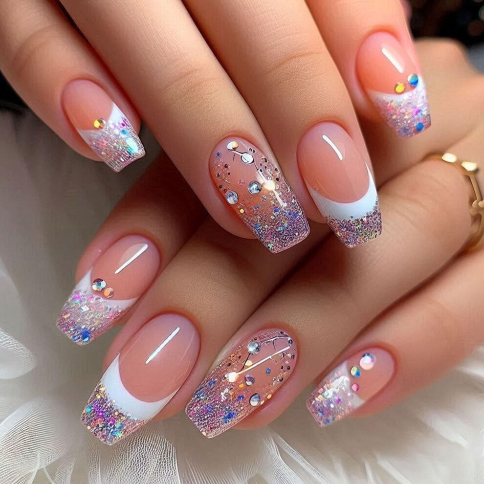 Cream,Purple Short Coffin Press On Nails Kit With Purple French Tips And Rhinestones Nude Glitter 24Pcs