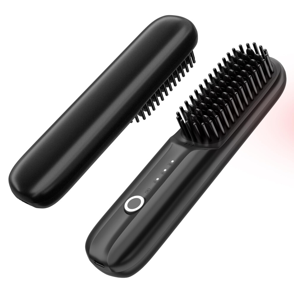 Black Cordless Hair Straightener Brush With Negative Ion Technology, Usbc Rechargeable, 3 Heat Settings,