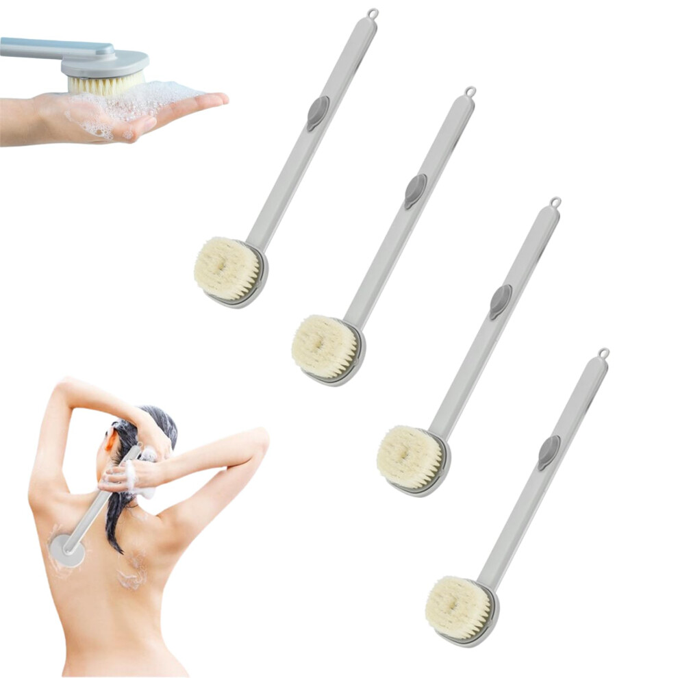 Bath Brush with Long Handle and Soap Dispenser, Soft Bristle Back Scrubber for Shower Exfoliation, 4pcs Grey