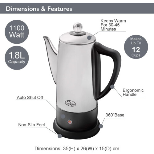 Electric Coffee Percolator / 1.8L Stainless Steel Filter Coffee Machine / 30-45 Minute Keep Warm Functionality 1