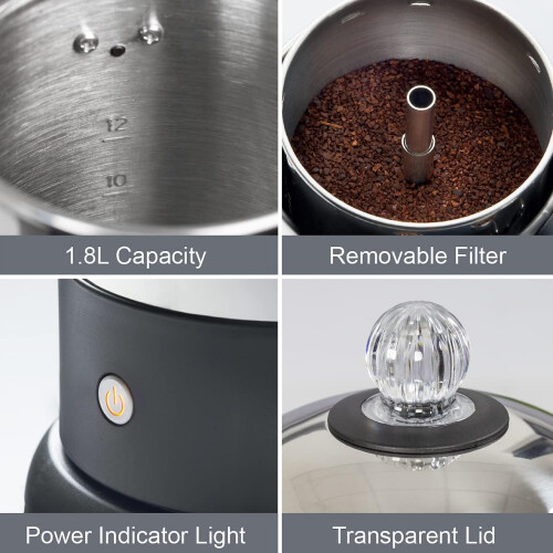 Electric Coffee Percolator / 1.8L Stainless Steel Filter Coffee Machine / 30-45 Minute Keep Warm Functionality 2