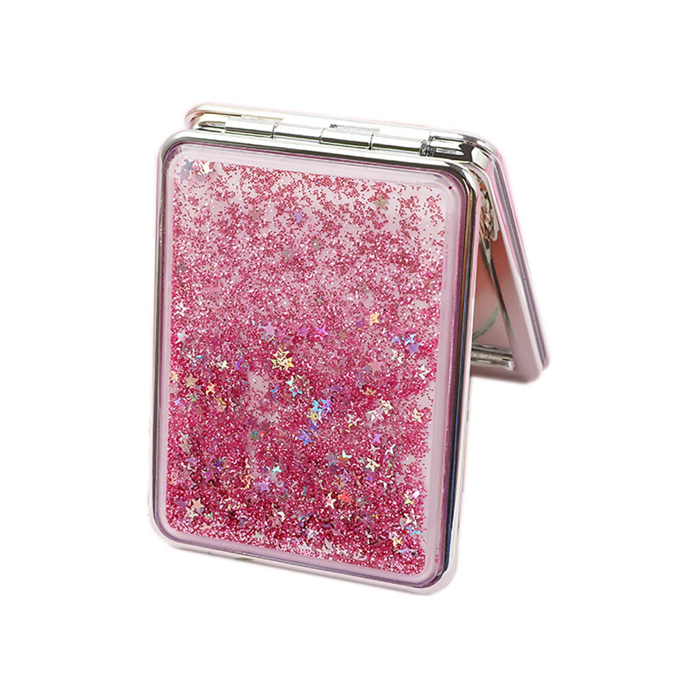 Pink Compact Mirror With Dualsided Magnification Glitter Quicksand Case Folding Travel Pocket