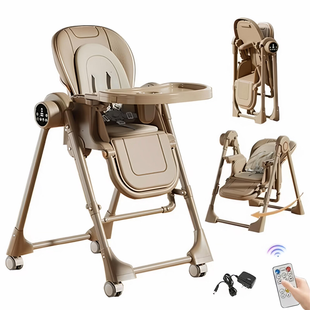 Convertible Baby  Chair with Swing Mode, PU Leather, 5 Heights, Foldable, Detachable Trays