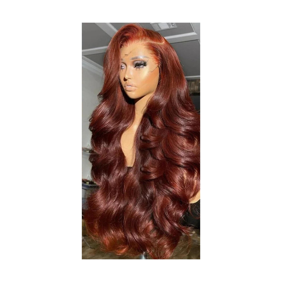 Unisex Brown 36 Inch Reddish Human Hair Lace Front Wig 180% Density Transparent 13X6 Hd Lace