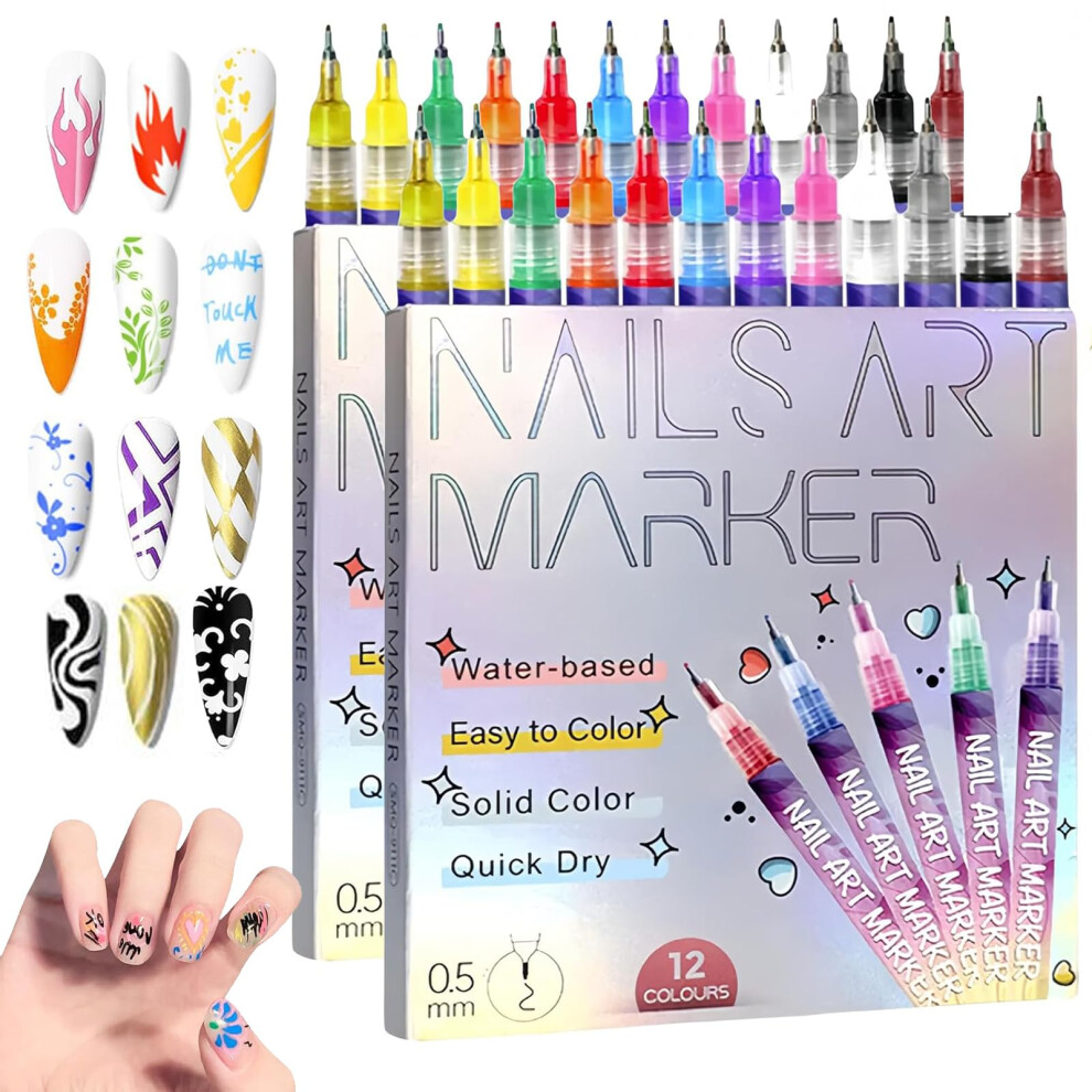 Nail Art Pens Set 12 Colors with 0.5mm Fine Tip, LongLasting Nail Polish Pens for DIY Designs