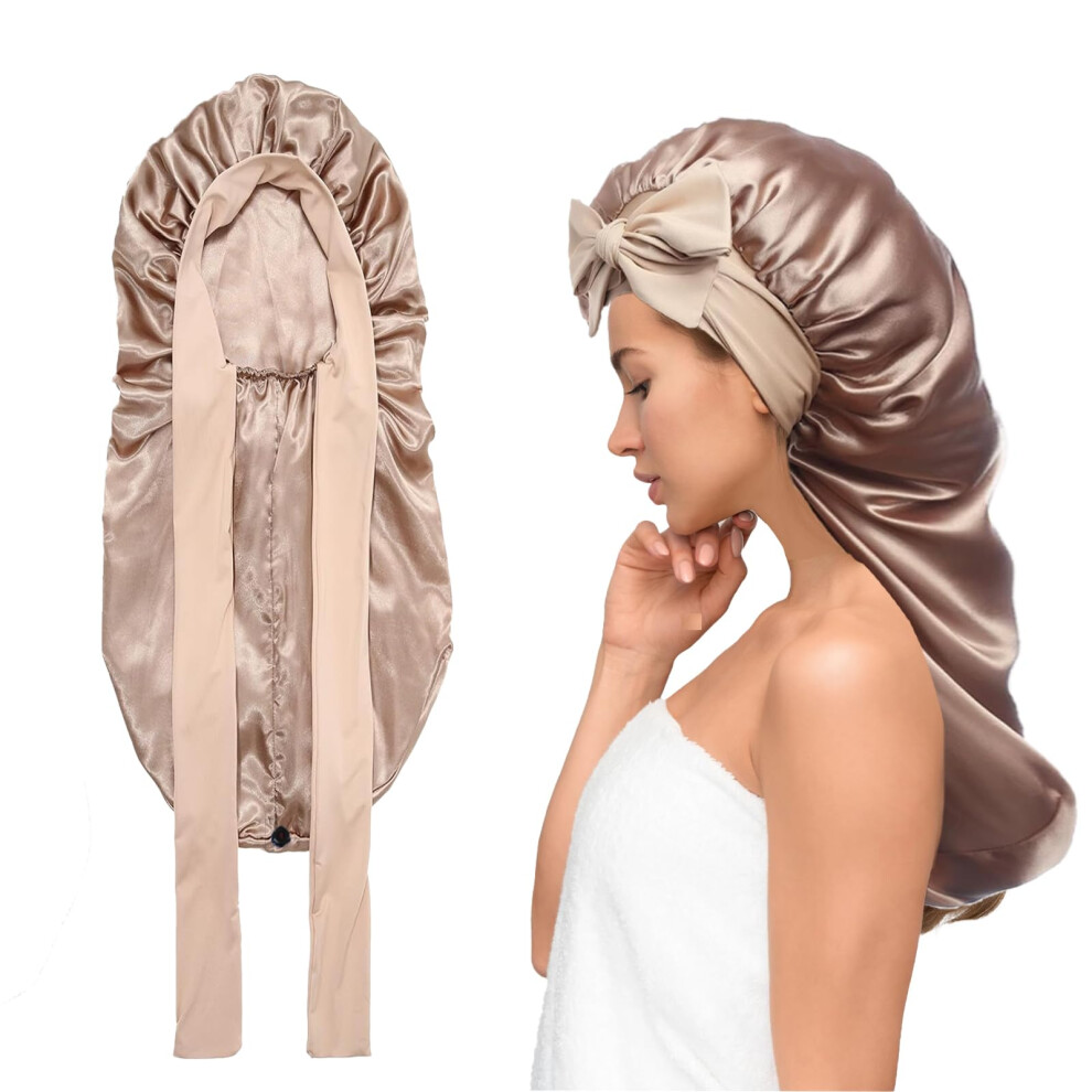 Unisex Golden Satin Hair Bonnet Long Sleep Cap For Curly Hair With Adjustable Fit And Frizz Prevention