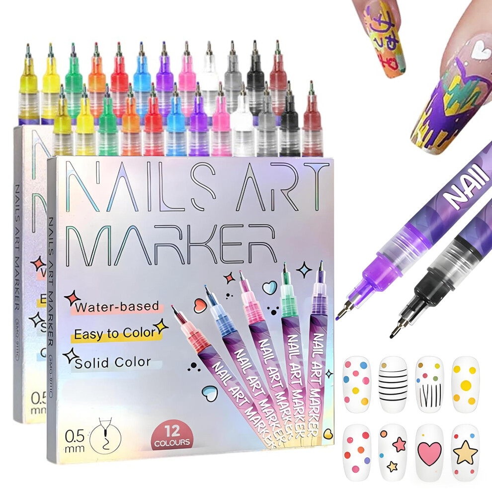 12 Color Nail Art Pens Set with 0.5mm Precision Tip, PushButton Ink Flow for Gel Nails Drawing