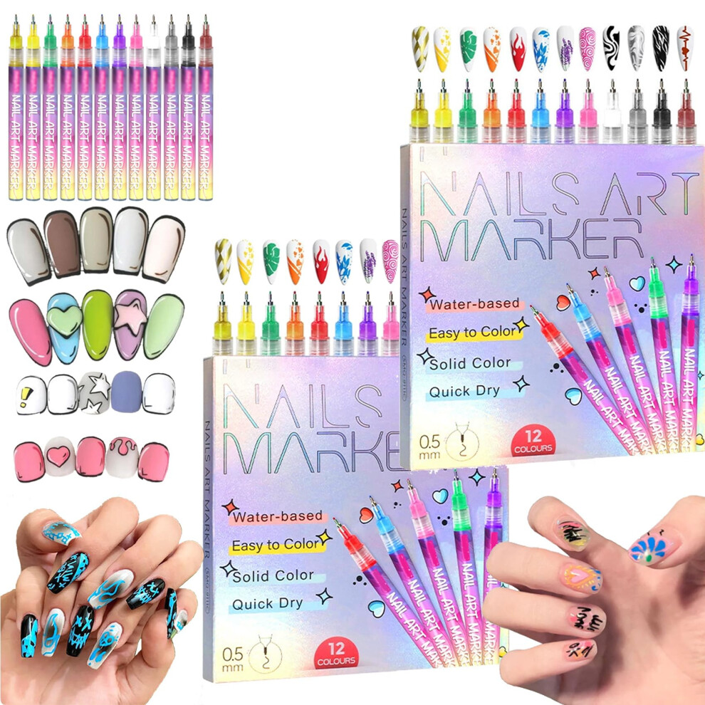 12 Colors Nail Art Pens Set with 0.5mm Fine Tip, Quick Dry Nail Polish Pens for Home and Salon