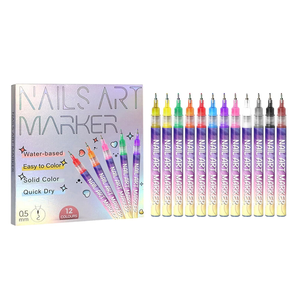 12 Color Nail Art Pens Set with 0.5mm Precision Tip, Waterproof QuickDry Markers for DIY Gel Nails