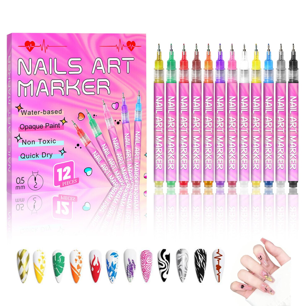 Nail Art Pens Set 12 Colors with 0.5mm Ultrafine Tip, QuickDry WaterBased Nail Art Markers for DIY Manicure