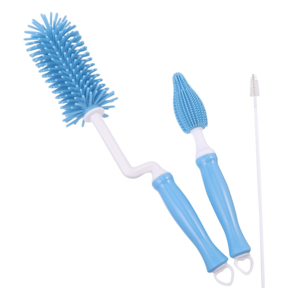 3pcs Silicone Baby Bottle Brush Set with Pacifier Cleaner, Long Handles for Deep Cleaning, Blue