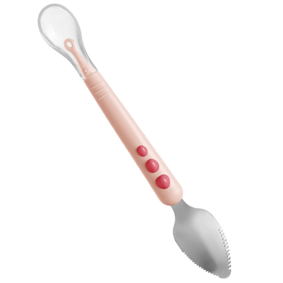 Silicone Baby Feeding Spoon 2 In 1 Double Head With Serrated Edge Scraper For Weaning Pink