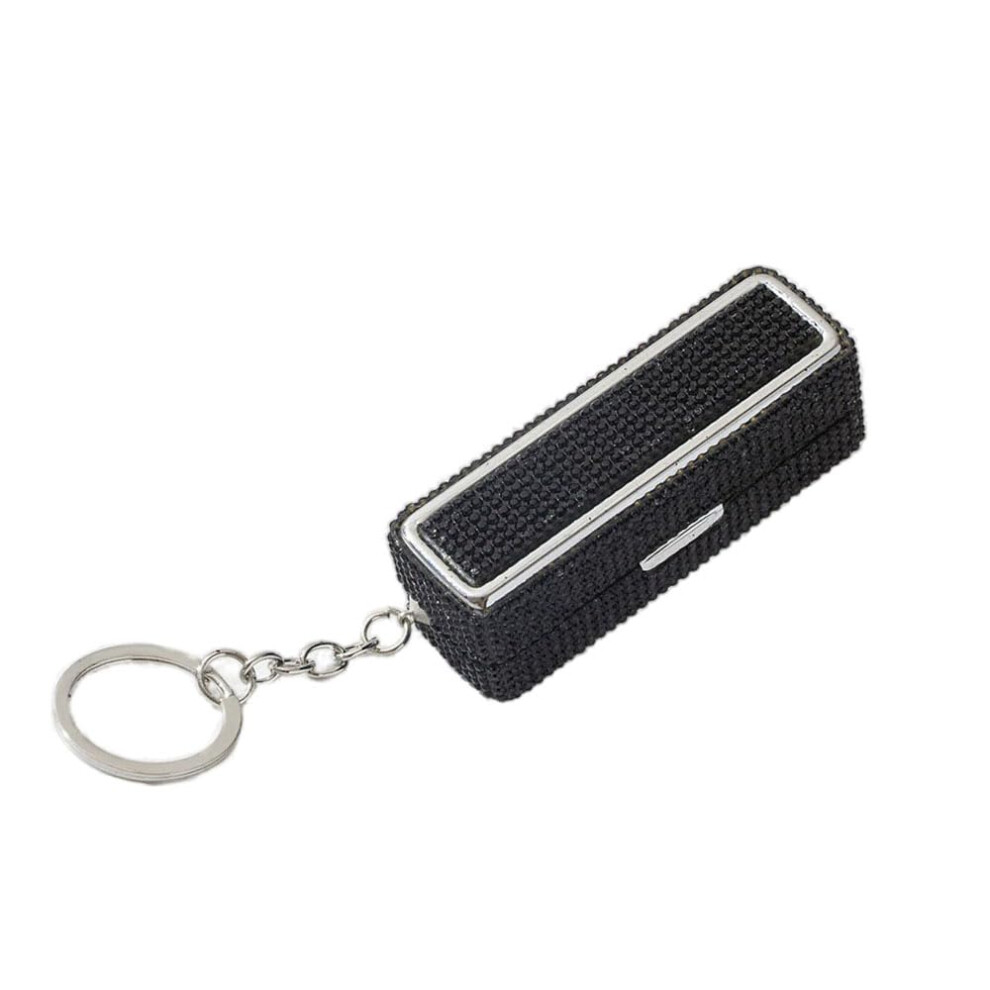 Black Sparkly Rhinestone Lipstick Case With Mirror, Diamond Holder Keychain For Purse,