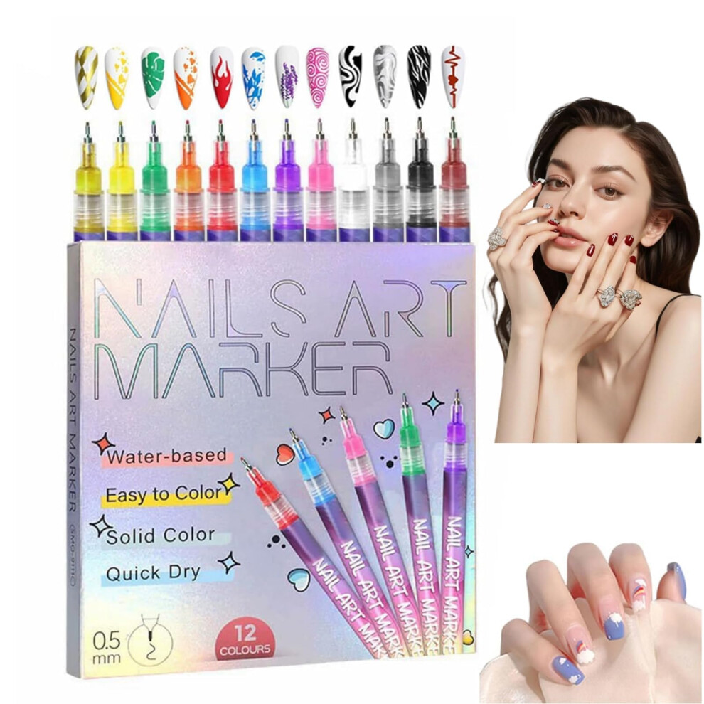 12 Colors Nail Art Pens Set with 0.5mm Fine Tip, Quick Dry WaterBased Markers for Gel Nails