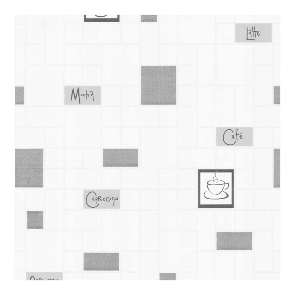 Contour Cafe Culture Kitchen Grey/White Tiled Washable Typography Wallpaper