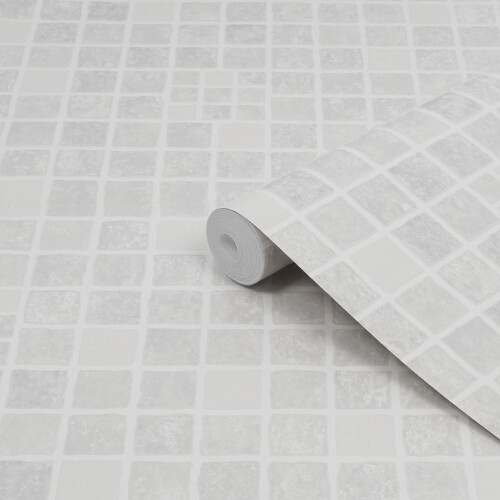 Contour Earthen Tile Effect Kitchen & Bathroom Grey/White Washable Wallpaper 1