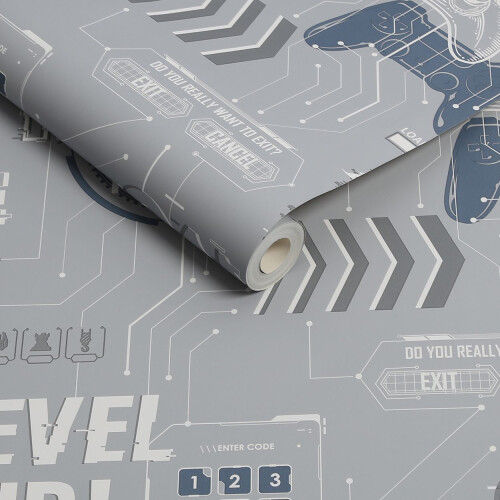 Fresco Game Over Grey & Navy Wallpaper 1