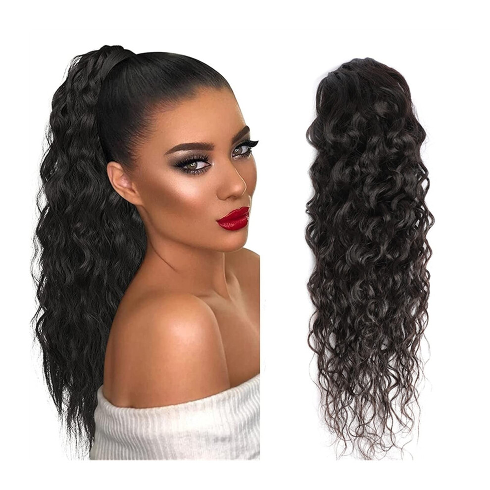Human Hair Ponytail Extension Water Wave Natural Black Curly Drawstring Hairpiece 1028 Inch