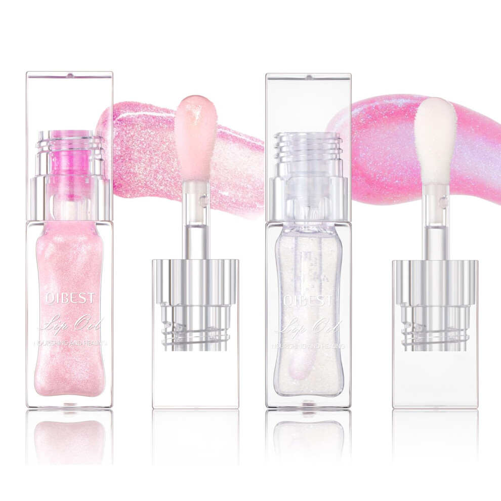 Color Changing Lip Oil 2 Pack with Big Brush, Hydrating Shimmery LongLasting Gloss