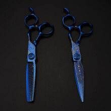 Blue Damascus 6 Inch Professional Hair Cutting Scissors Set with Ergonomic Comfort Grip Barber Shears