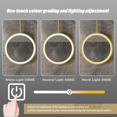 Round Gold LED Bathroom Mirror with ThreeTone Lighting, Ceiling Mounted Vanity, 40cm Diameter 1
