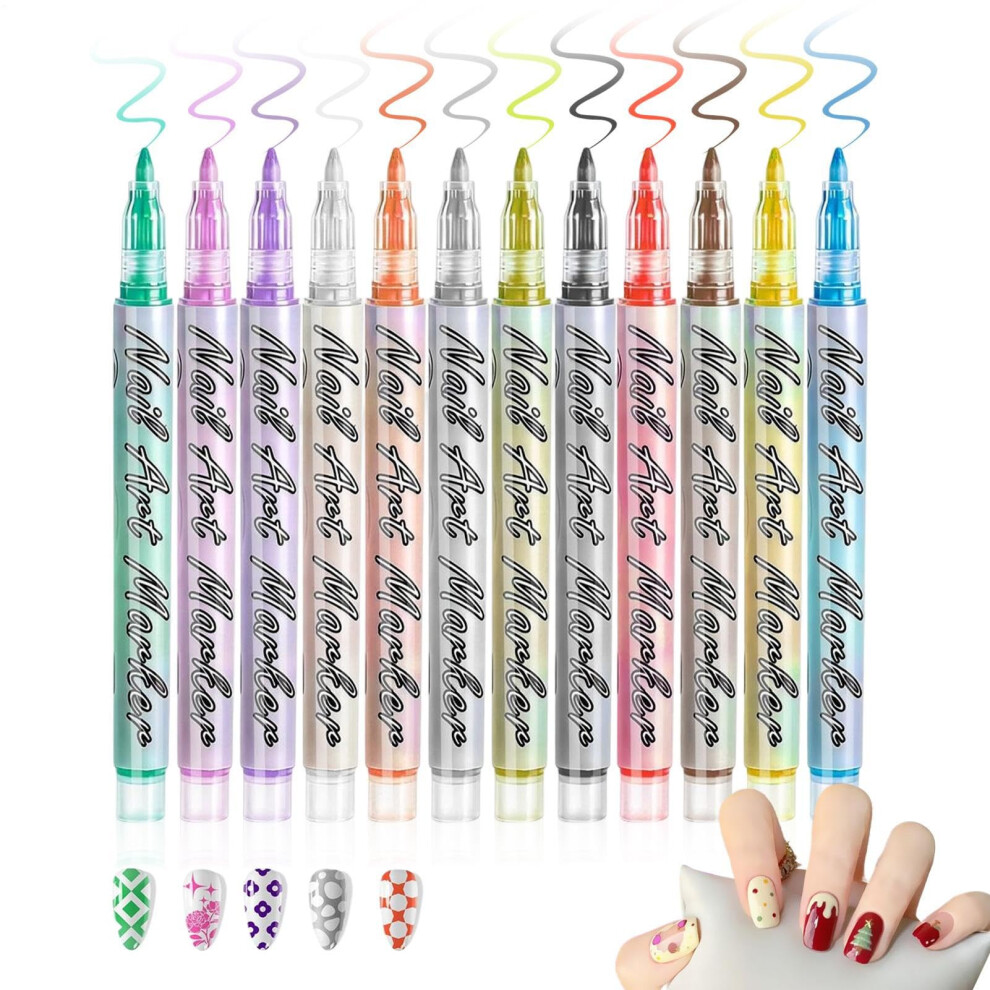 12 Piece Nail Art Pens Set with Precision Fine Tips, QuickDrying Nail Dotting and Lining Tools